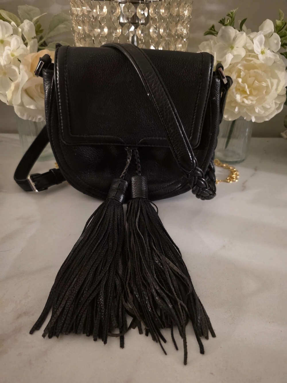 Rebecca Minkoff Black Leather Braided-Strap Crossbody with Tassel